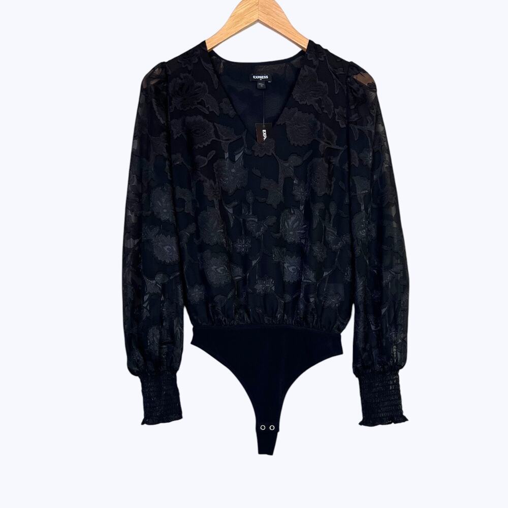 Y2k Lace Bodysuit Blouse Puff Long Sleeve Floral Jacquard Black Women's XS NWT